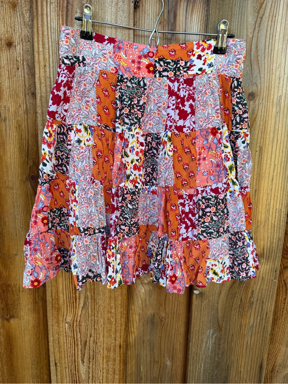 Maeve Patchwork Tiered Mini Skirt in Orange, Red and Pink